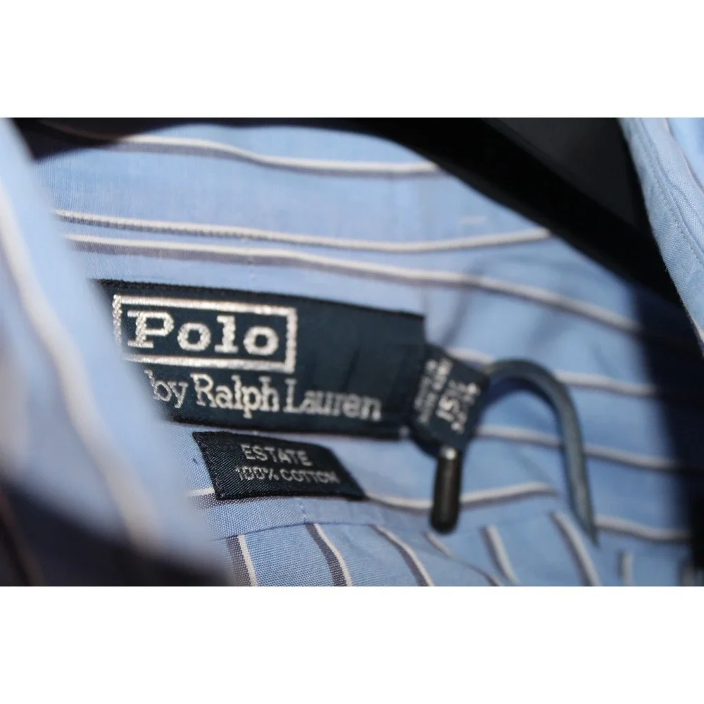 Polo Ralph Lauren Estate Mens Blue White Striped Dress Shirt 15.5 34/35 Cotton